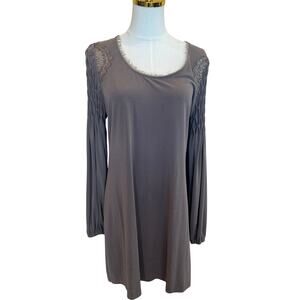 Free People Brown Jersey Mini Dress MEDIUM Long Sleeve Boho Shift Lace Backless